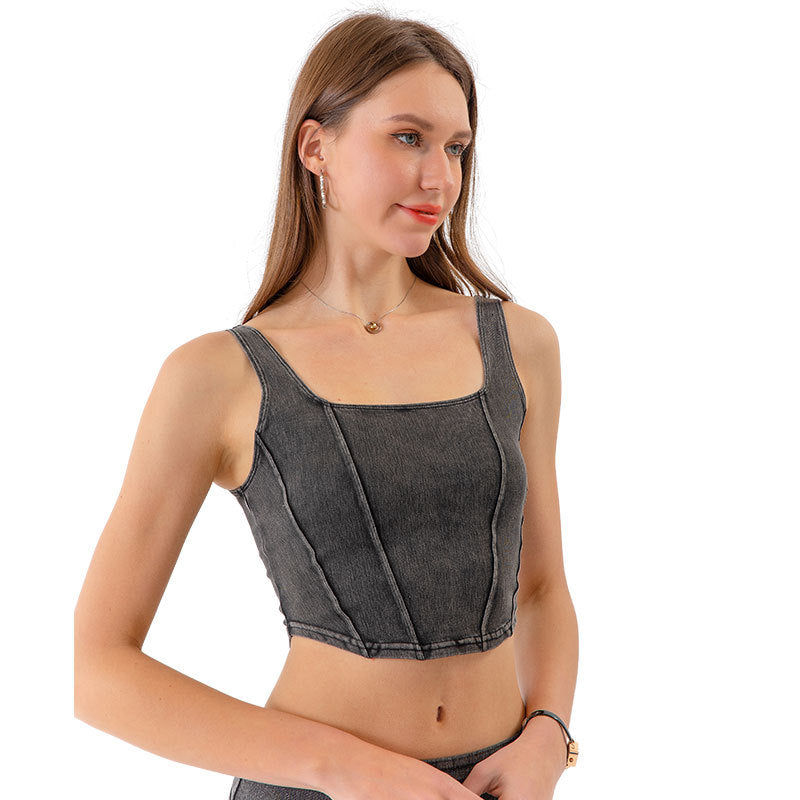 Denim Yoga Exercise Vest Women's U-Shaped Elastic Slimming Beauty Back Outer Wear Quick-Drying Workout Top