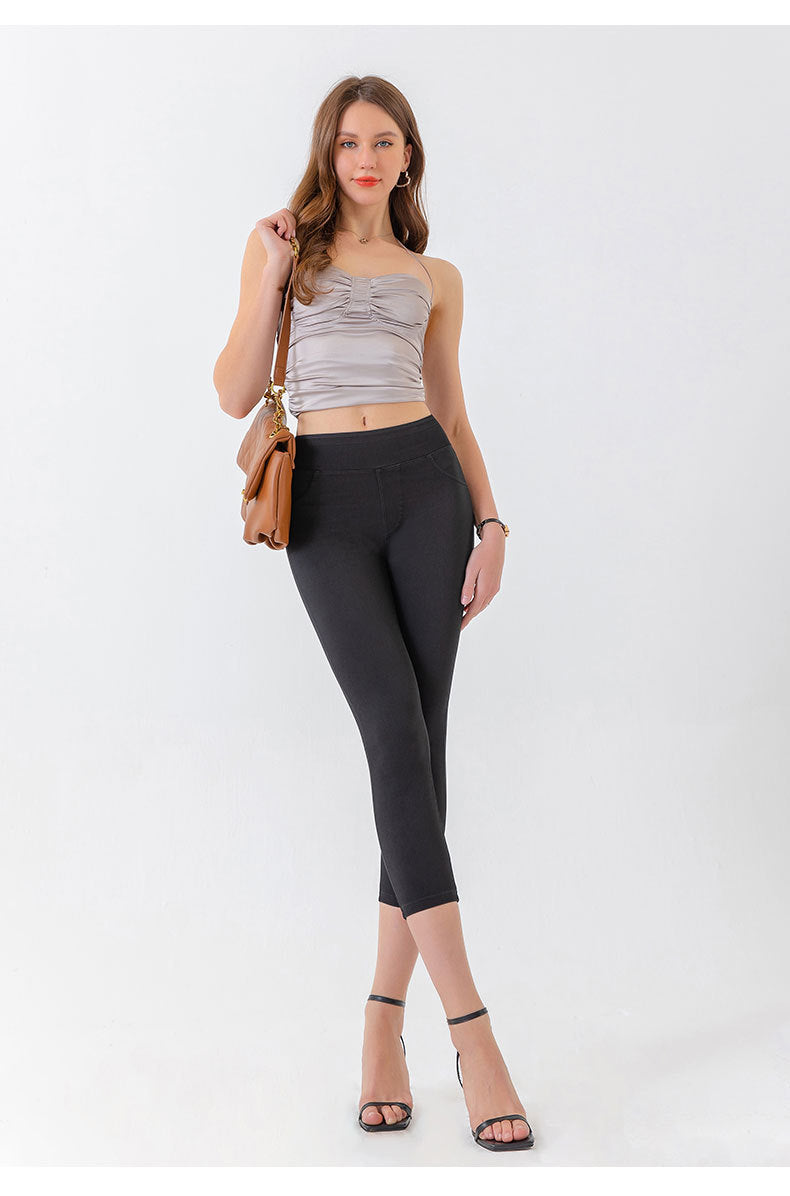 Summer Yoga Denim Cropped Pants Women Tight High Waist Slimming High Elastic Belly Contracting Fitness Casual Pants