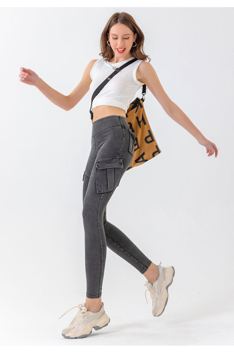 High Waist Slimming Peach Chrysanthemum Jeans Women Hip Lifting Pocket Sports Outerwear Casual Pants