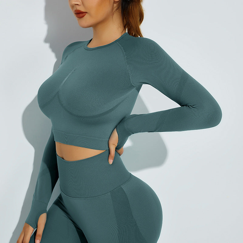 Seamless Knitted High Elastic Fitness Sports Long Sleeved Top High Waist Running Training Yoga Clothes Women