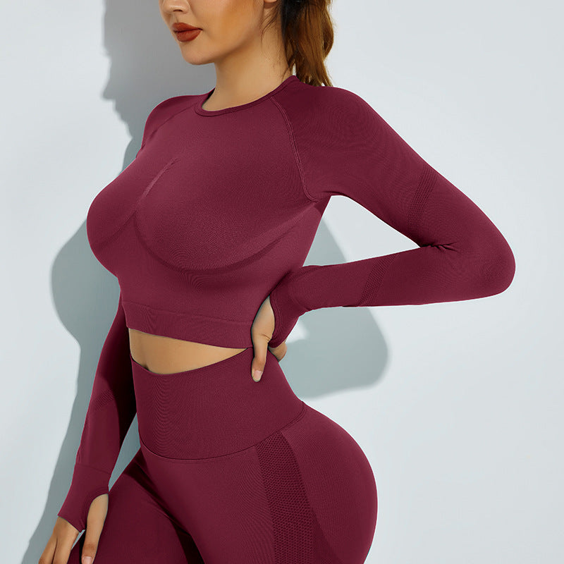 Seamless Knitted High Elastic Fitness Sports Long Sleeved Top High Waist Running Training Yoga Clothes Women