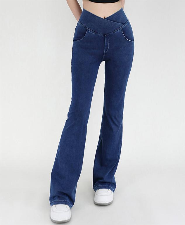 High Waist Slimming Intersection Bag Denim Fitness Bell Bottom Pants Women Stretch Tight Sports Yoga Outerwear Casual Pants