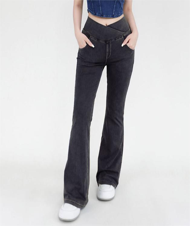 High Waist Slimming Intersection Bag Denim Fitness Bell Bottom Pants Women Stretch Tight Sports Yoga Outerwear Casual Pants