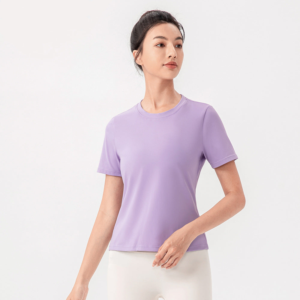 Fine Yarn Women Summer Yoga Short Sleeve Nude Feel Breathable Running Top Loose Fitness T Shirt
