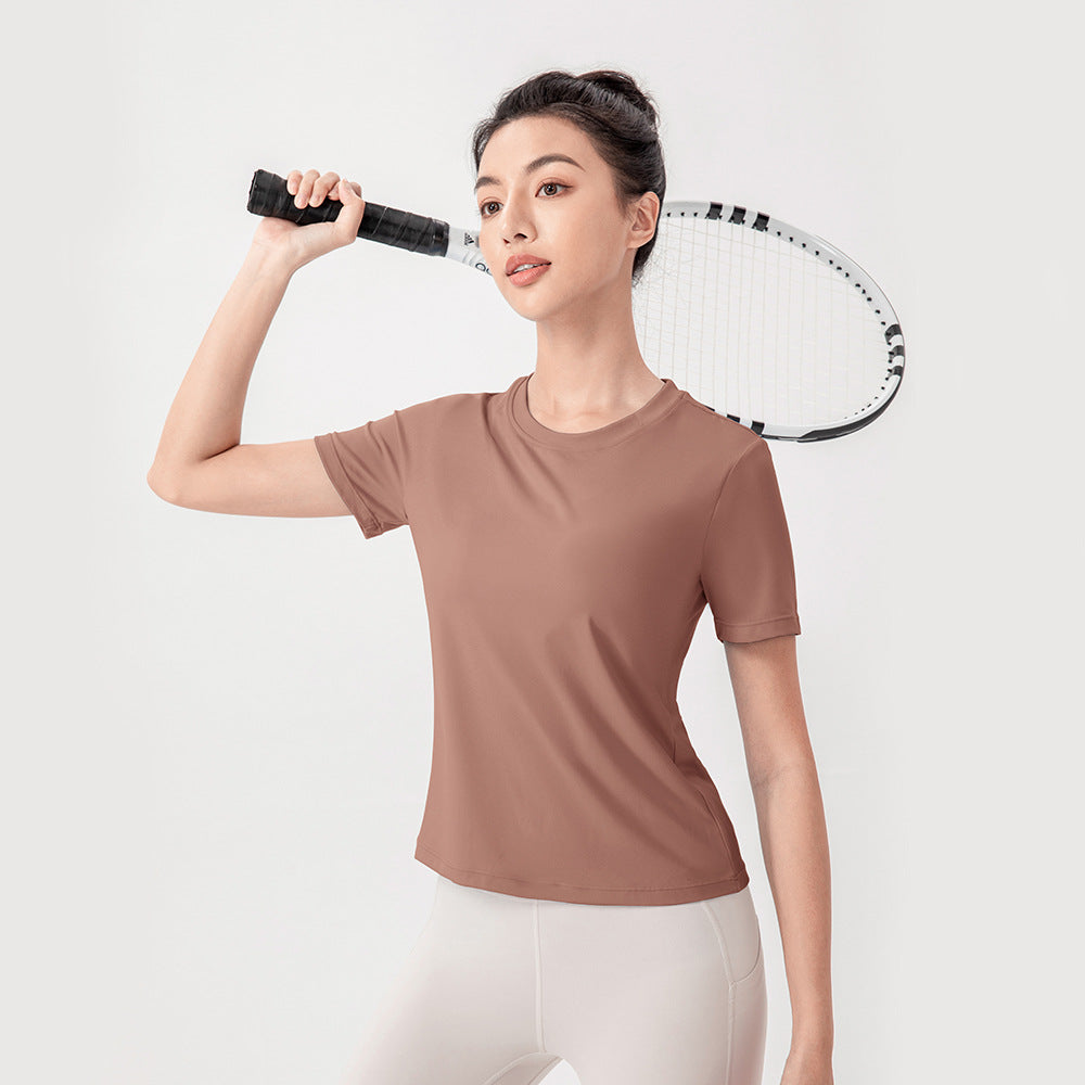 Fine Yarn Women Summer Yoga Short Sleeve Nude Feel Breathable Running Top Loose Fitness T Shirt