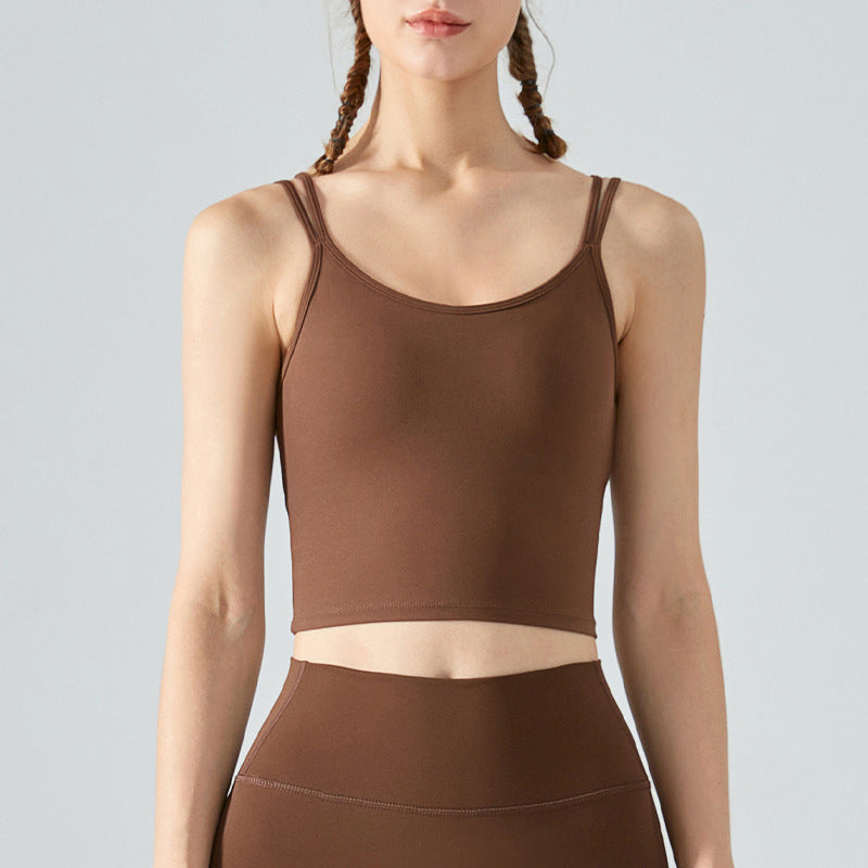 Ropa interior deportiva con doble tirante fino de una pieza con almohadilla fija en el pecho, sujetador de yoga con espalda de belleza, camisola de alta elasticidad, ropa de entrenamiento