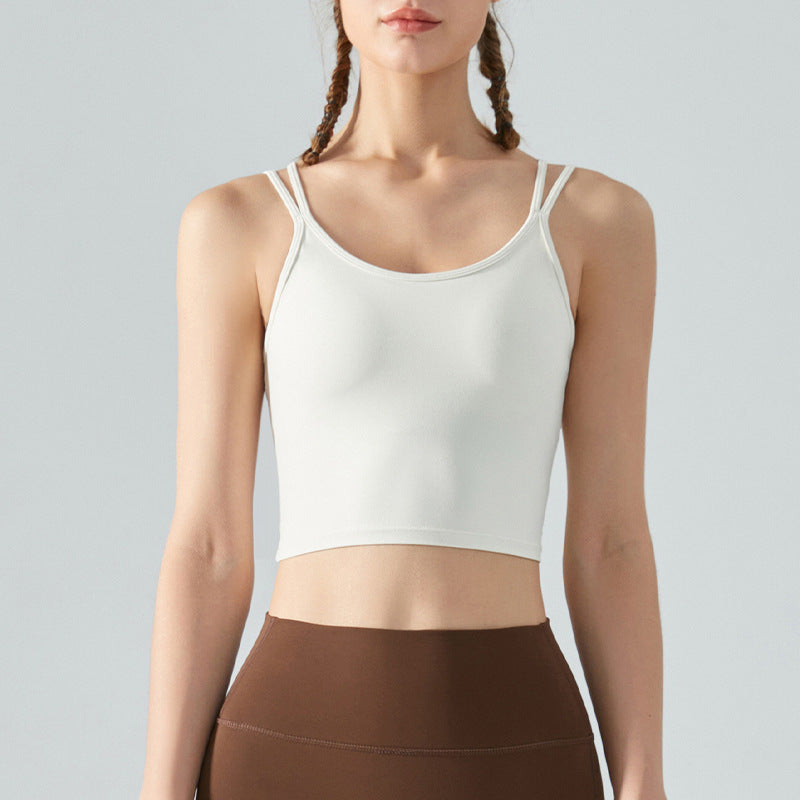 Ropa interior deportiva con doble tirante fino de una pieza con almohadilla fija en el pecho, sujetador de yoga con espalda de belleza, camisola de alta elasticidad, ropa de entrenamiento