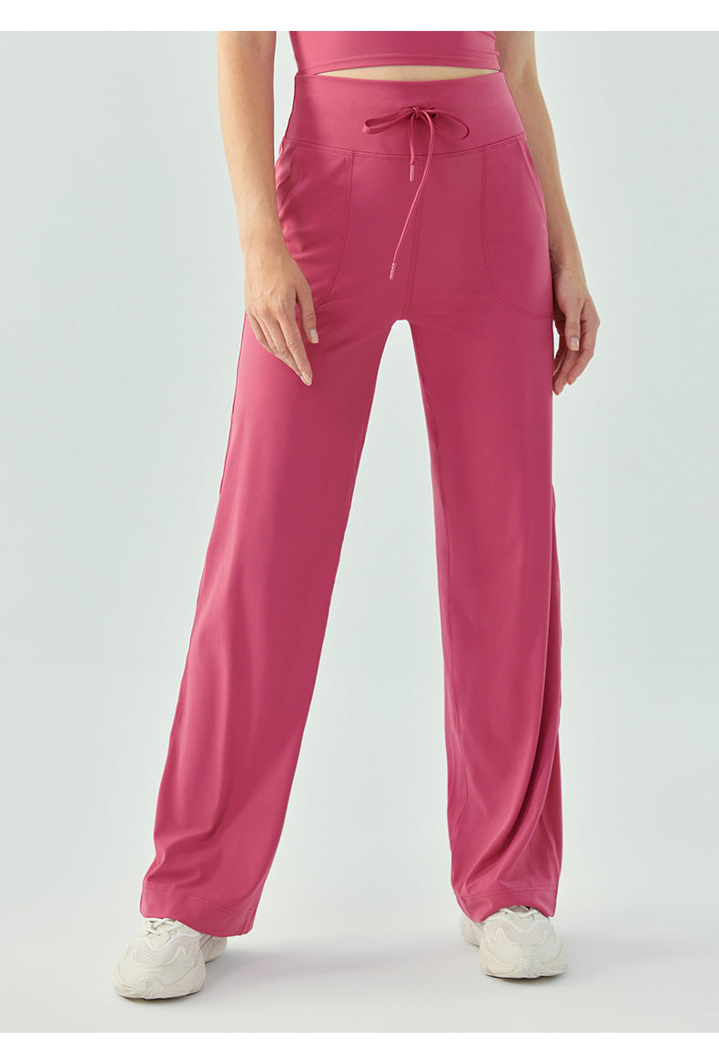 Large Pocket Quick Drying Track Pants Loose High Elastic Drawstring Wide Leg Yoga Pants Drooping Straight Spring Autumn Breathable Casual Pants