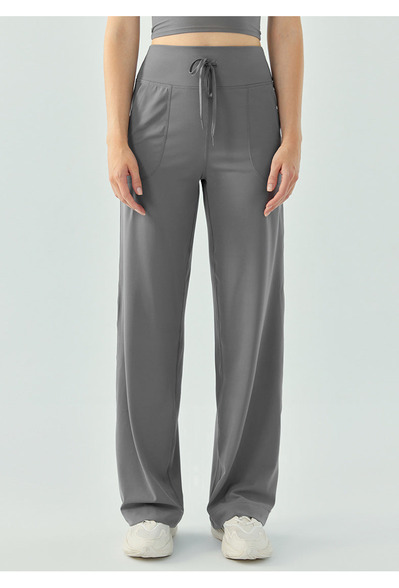 Large Pocket Quick Drying Track Pants Loose High Elastic Drawstring Wide Leg Yoga Pants Drooping Straight Spring Autumn Breathable Casual Pants