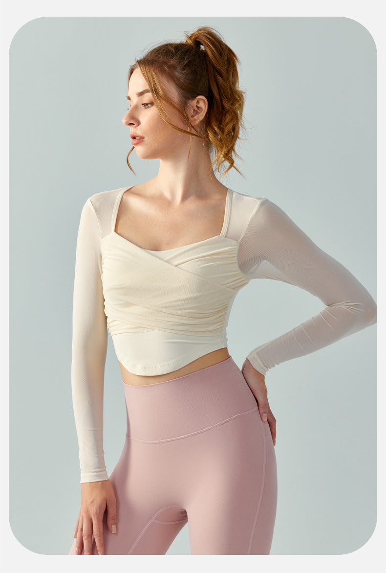 Yoga Clothes Long Sleeve with Chest Pad Covering Supernumerary Breast Mesh Sports Long Sleeve Sexy Beauty Back Pure Fitness Clothes Women