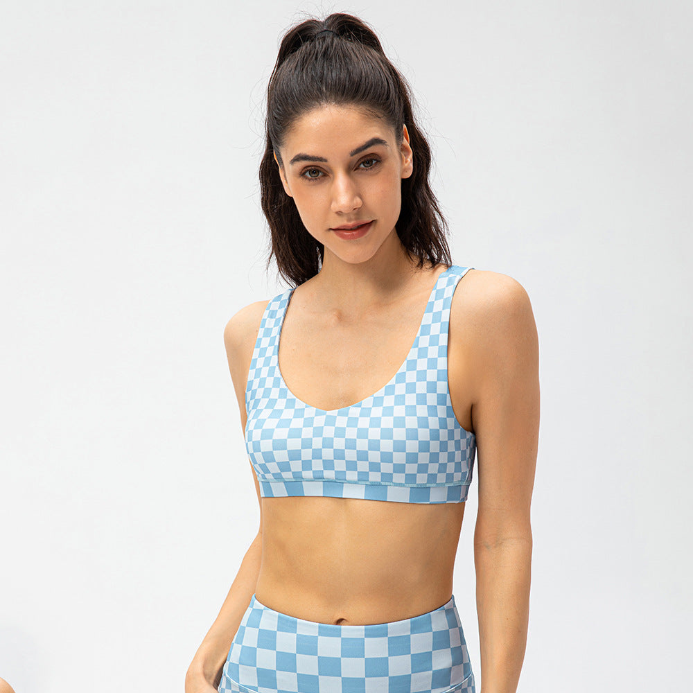 Women Sports Underwear Chessboard Plaid Contrast Color Yoga Bra Strap Chest Pad Shockproof Running Fitness Top