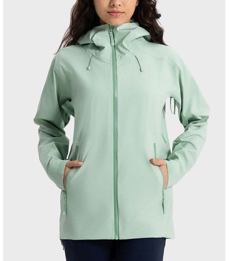 Veste de montagne multifonctionnelle mi-longue à capuche, fermeture éclair YKK, coupe-vent, imperméable et respirante, de marque reconnue.