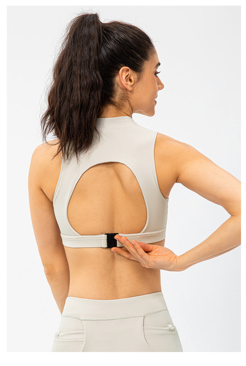 Débardeur de fitness printemps-été à col montant zippé avec coussinets de poitrine, découpes ajourées, effet seconde peau, style brassière de sport, top de yoga et de running
