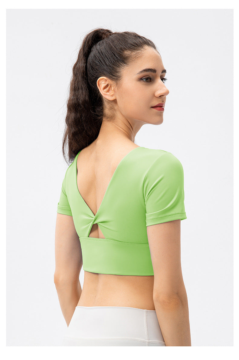 Nude Feel Yoga Short Sleeve One Piece Chest Pad Medium Tenacity Training Sports Top Back Hollow Out Cutout Out Fitness T Shirt