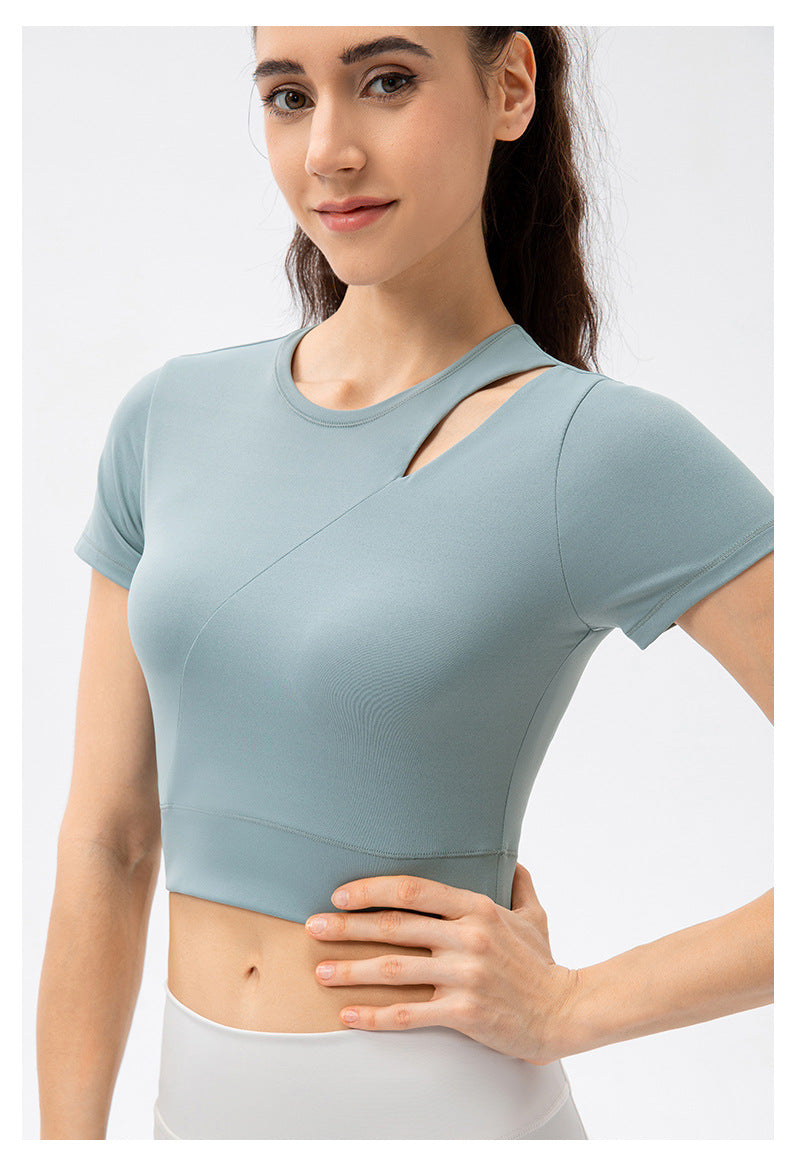 Nude Feel Yoga Jacket Women Collarbone Hollow Out Cutout Out One Piece Cup Sports Short Sleeve Fitness Running T Shirt With Chest Pad