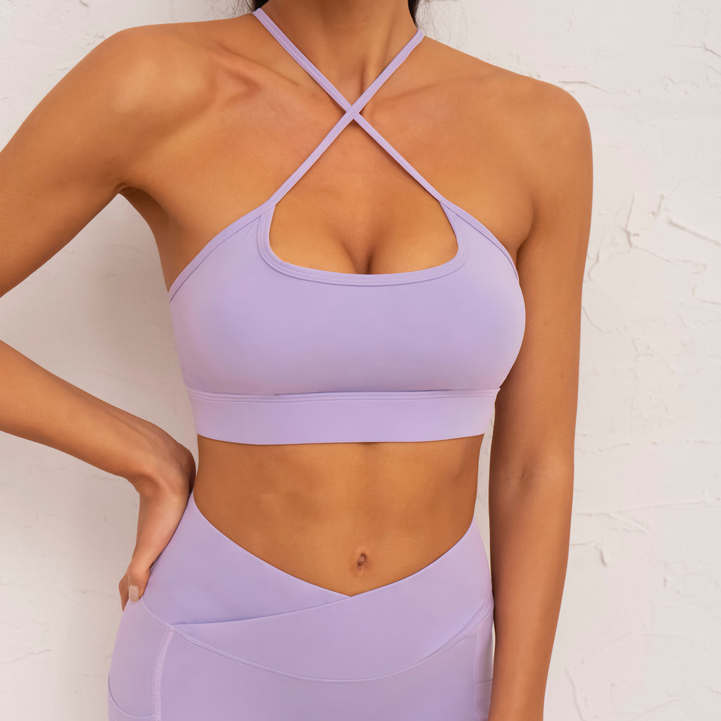 Ensemble trois pièces : soutien-gorge à fines bretelles, pantalon à double poche, soutien-gorge sexy, bretelles fines, dos magnifique, fitness, yoga, sport