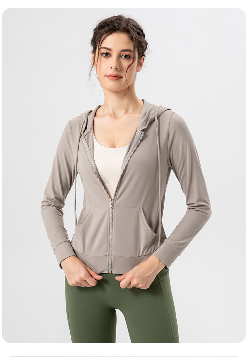 Veste de yoga d'automne à capuche, coupe ajustée, vêtements de sport, haute respirabilité et élasticité, effet seconde peau, manteau de course et d'exercice
