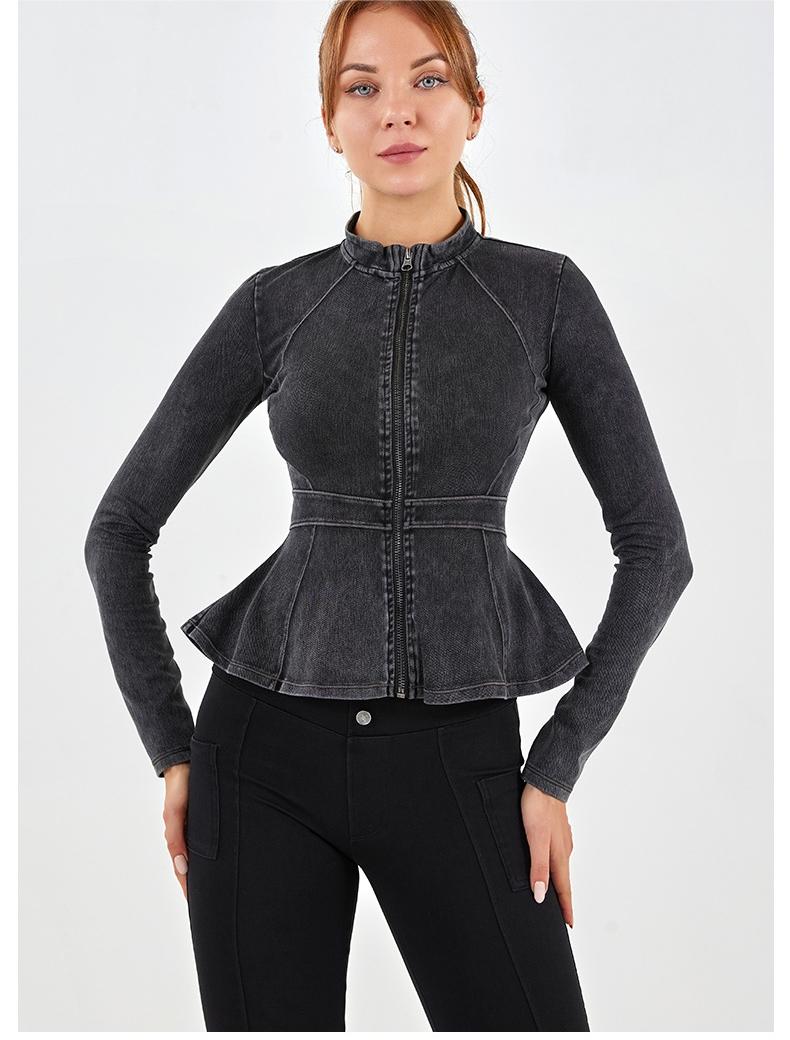 Autumn Winter Denim Yoga Zipper Coat High Collar Slimming A Line Hem Sports Outerwear Fitness Long Sleeved Upper Garment