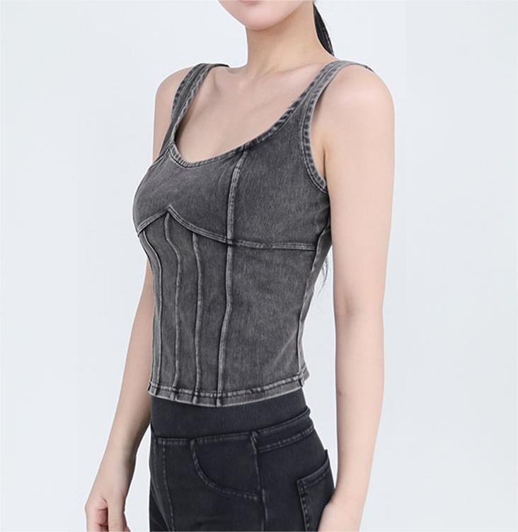 Autumn Winter Denim Yoga Straps Vest Women Elastic Tight With Chest Pad Beauty Back Exercise Outer Wear Workout Top