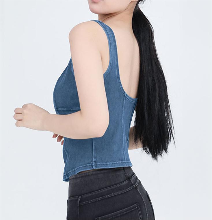 Autumn Winter Denim Yoga Straps Vest Women Elastic Tight With Chest Pad Beauty Back Exercise Outer Wear Workout Top