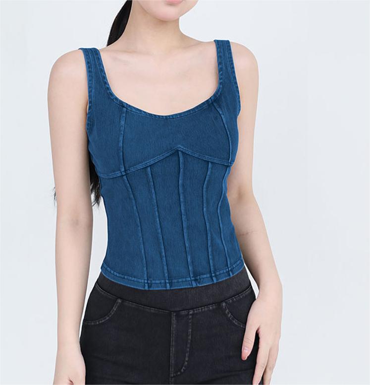 Autumn Winter Denim Yoga Straps Vest Women Elastic Tight With Chest Pad Beauty Back Exercise Outer Wear Workout Top