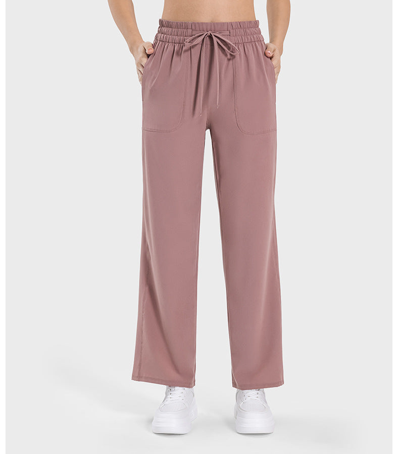 Pocket Slim Fit Slimming High Waist Hip Lift Casual Sports Pants Women Elastic Drawstring Waist Straight Leg Pants