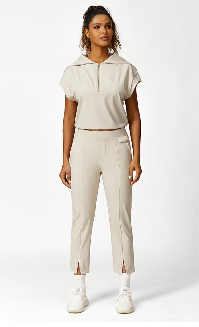 Pantalones casuales sueltos con media cremallera y cuello sin mangas, pantalones cortos con cordones, ropa de entrenamiento de tres piezas