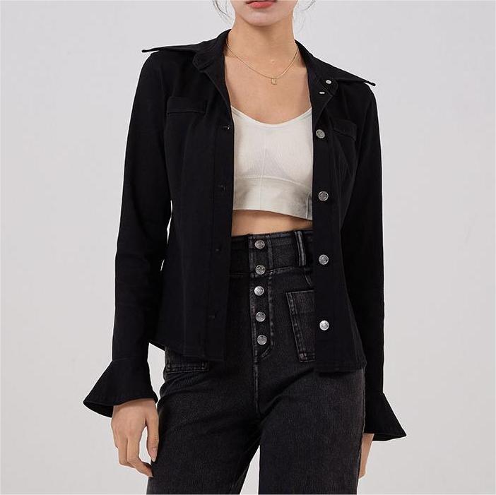 Bell Sleeve Denim Yoga Shirt Women Collared Slimming Metal Buckle Stretch Sports Outerwear Fitness Jacket