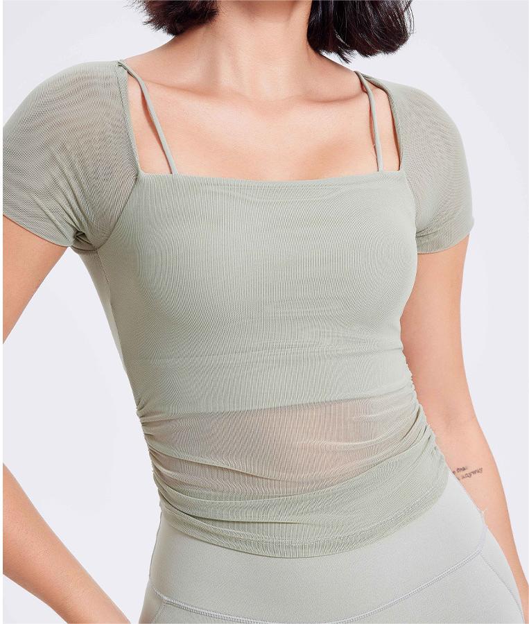 Faux Two Piece Mesh Fixed Cup Sports Underwear Women Outer Wear Running Abdominal Exercising Band Chest Pad Yoga Clothes Long Sleeved Top Summer