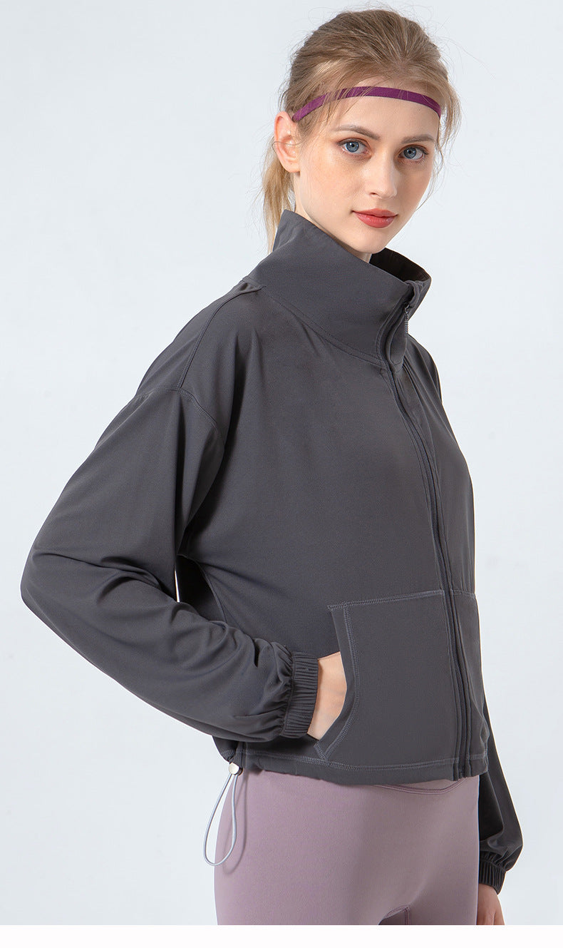 Spring Summer Stand Collar Drawstring Yoga Clothes Cloud Sense Loose Simple Slimming Coat Pocket Sports Fitness Clothes