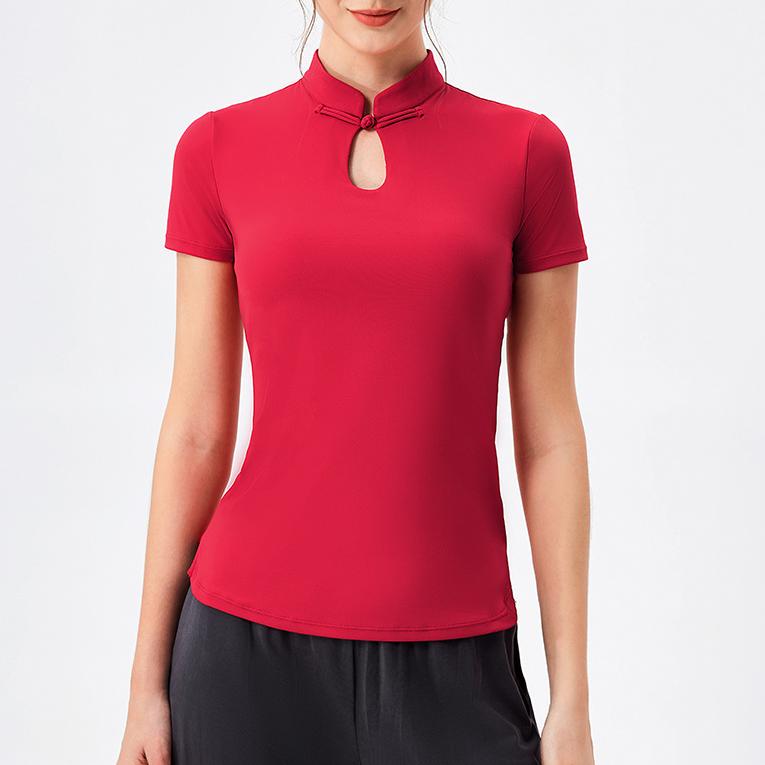 Women Amoi Chinese Nude Feel Yoga Short Sleeve Tight Breathable Fitness T Shirt Sports Top With Chest Pad National Buckle