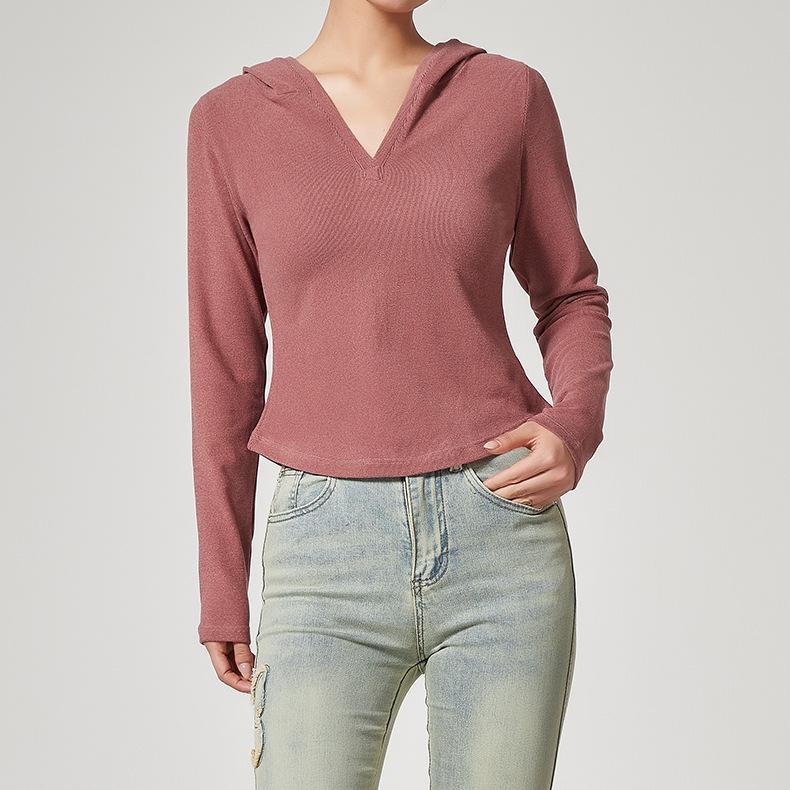 V Neck Bottoming Shirt Women Autumn Winter All Matching Hooded Long-Sleeved T Shirt Can Be Outerwear Tops