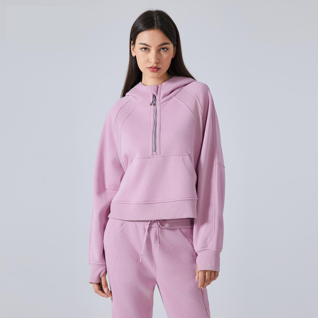 Autumn Winter Fleece lined Warm Yoga Clothes Half Zipper Hooded Sweater Outdoor Fitness Loose Sports Top Women