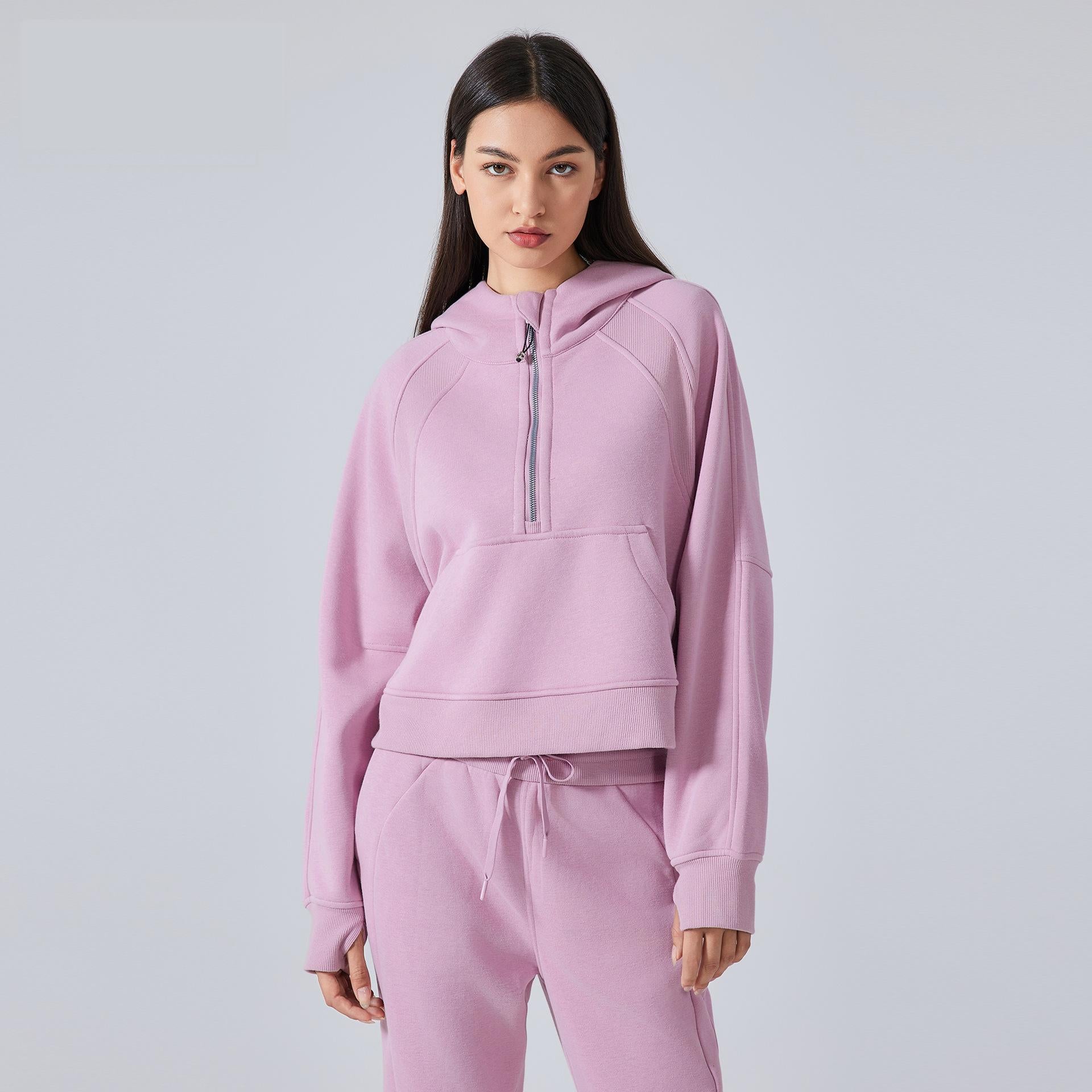 Autumn Winter Fleece lined Warm Yoga Clothes Half Zipper Hooded Sweater Outdoor Fitness Loose Sports Top Women