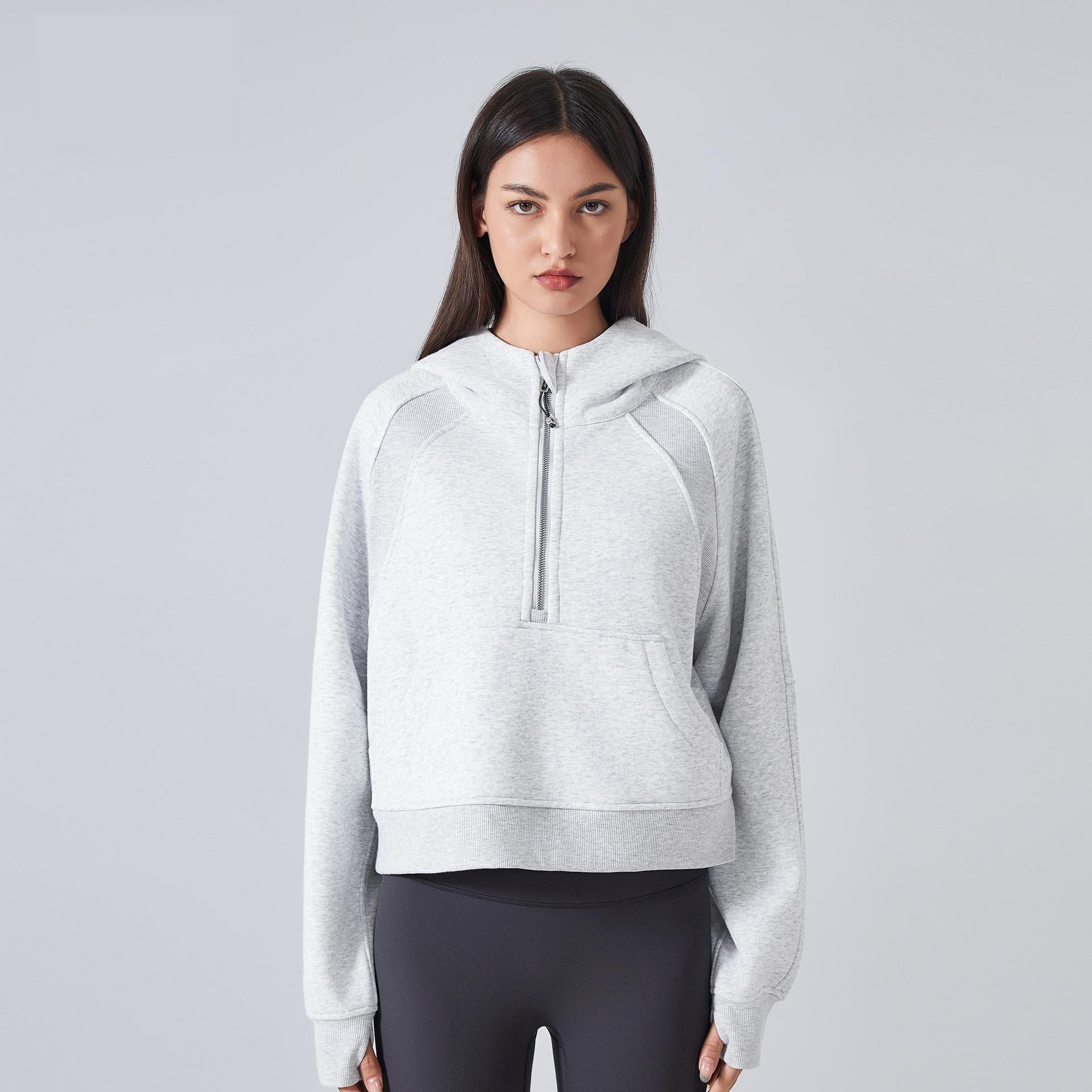 Autumn Winter Fleece lined Warm Yoga Clothes Half Zipper Hooded Sweater Outdoor Fitness Loose Sports Top Women