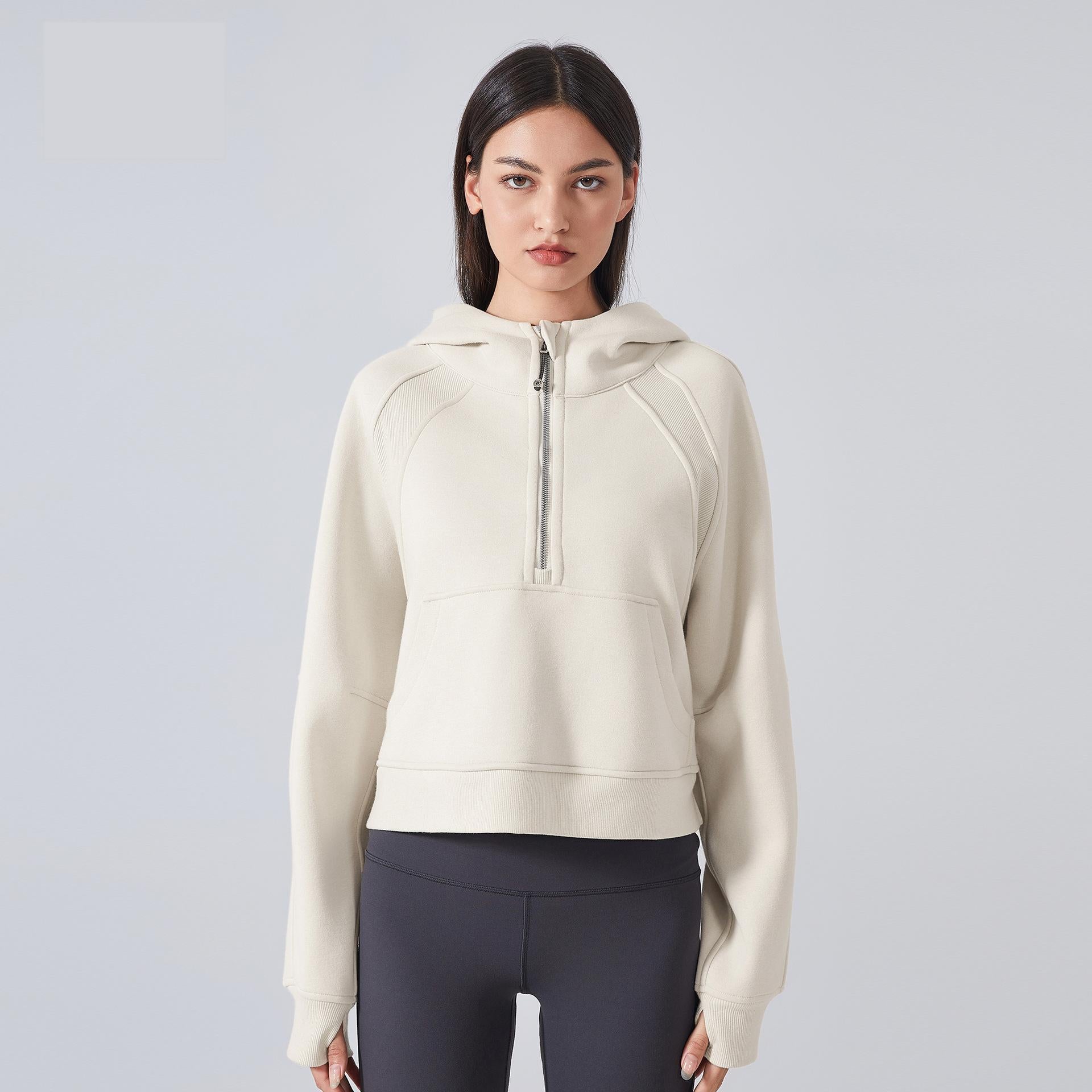 Autumn Winter Fleece lined Warm Yoga Clothes Half Zipper Hooded Sweater Outdoor Fitness Loose Sports Top Women
