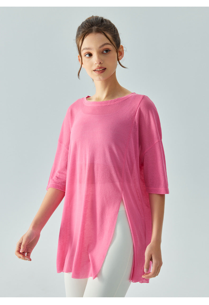 Spring Summer Sports Top Side Slit Skin Friendly Tencel Loose Fitness T shirt Lightweight Breathable Yoga Blouse