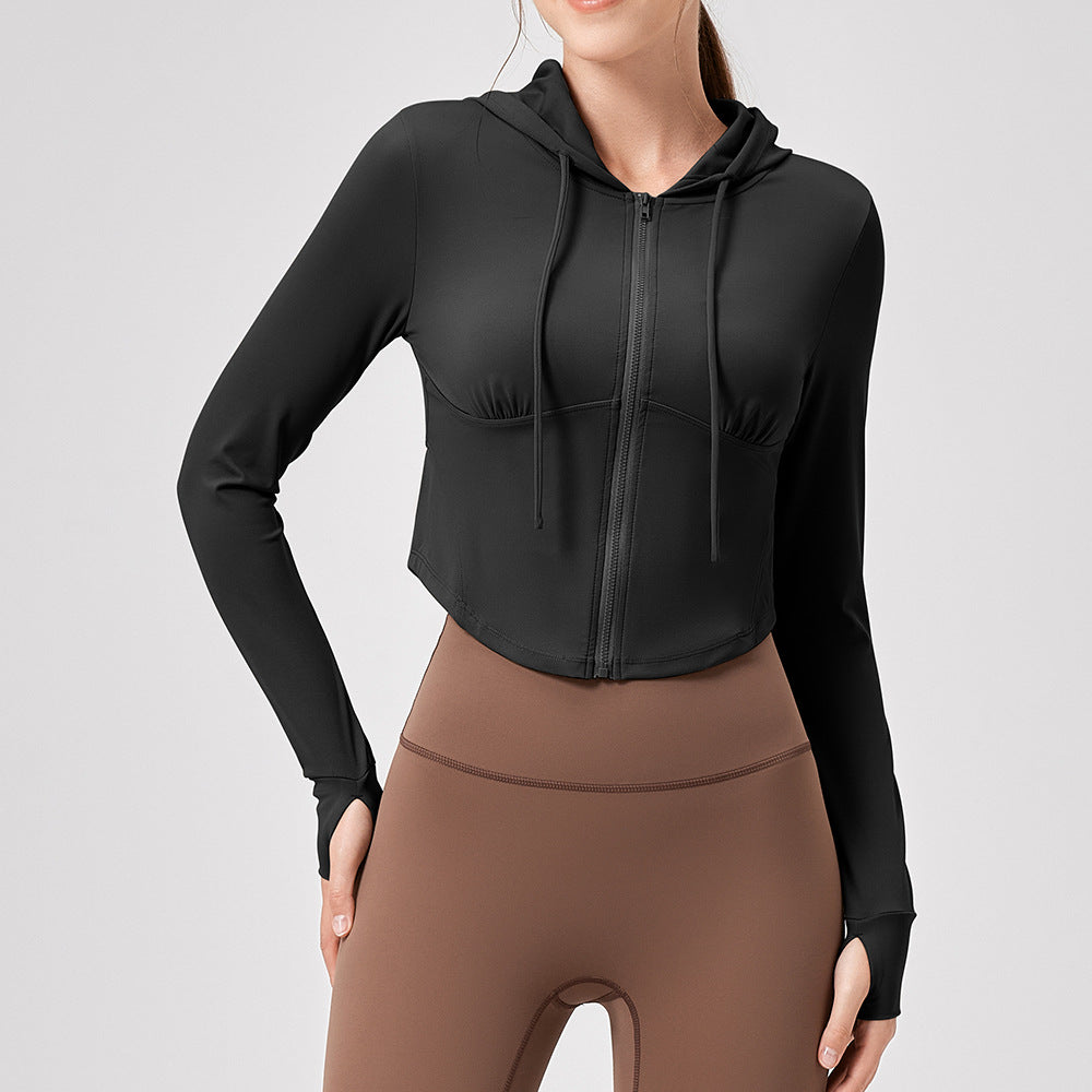 Lycra Yoga Jacket Women Fall Winter Hooded Zipper Sport Cardigan Slim Fit Slim Look Running Fitness Yoga Wear Top