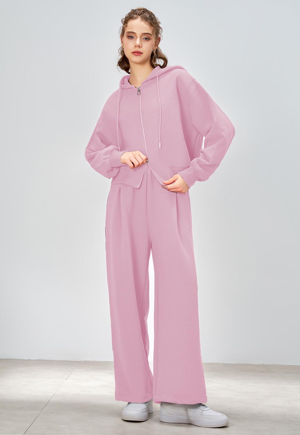 Sports Casual Women Idle Knitted Hoodie Coat Wide Leg Pants Two Piece Set