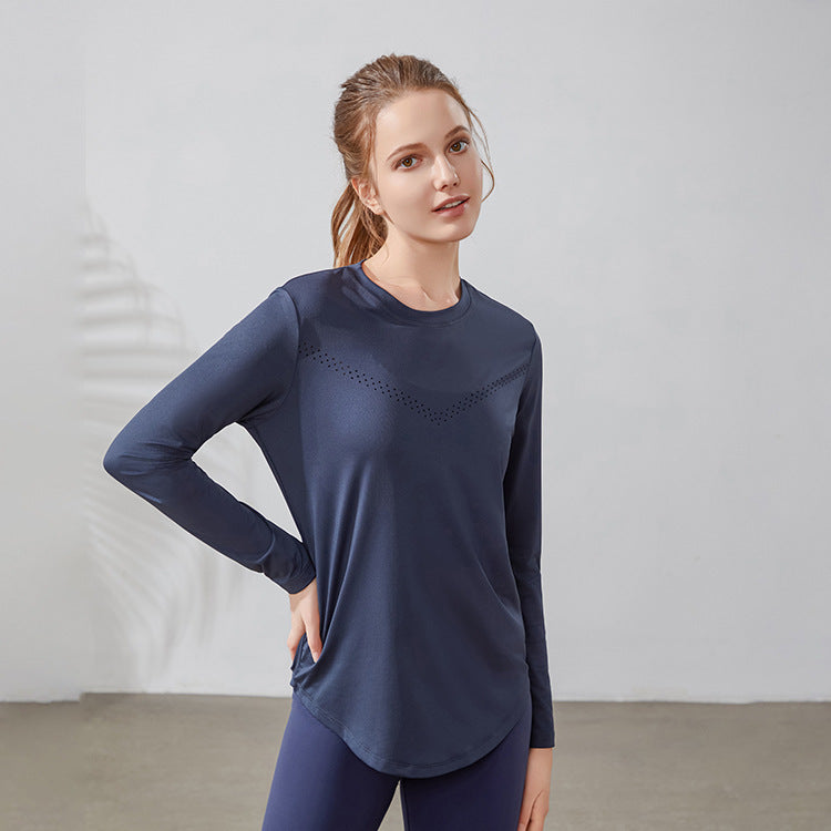 Quick Drying Stretch Skin Friendly Seamless Weaving Yoga Fitness Running T Shirt Sports Loose Breathable Mesh Long Sleeve Women