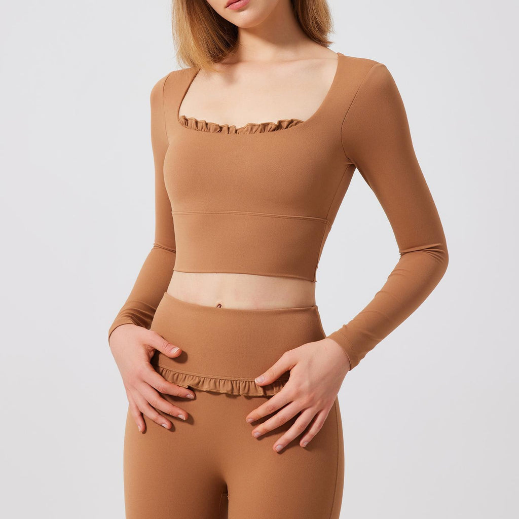 Autumn Winter Nude Feel Lace Yoga Clothes Long Sleeve Semi Fixed Cup Running Slim Sports Bra Breathable Workout Clothes Top