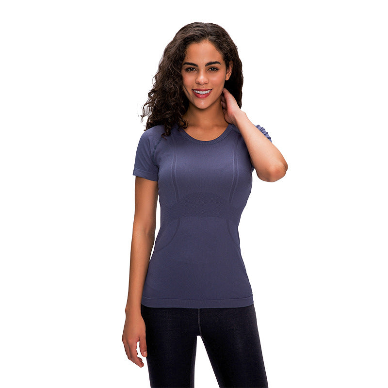 Camiseta deportiva de manga corta con cuello redondo, ajustada, transpirable, para yoga, primavera y verano para mujer