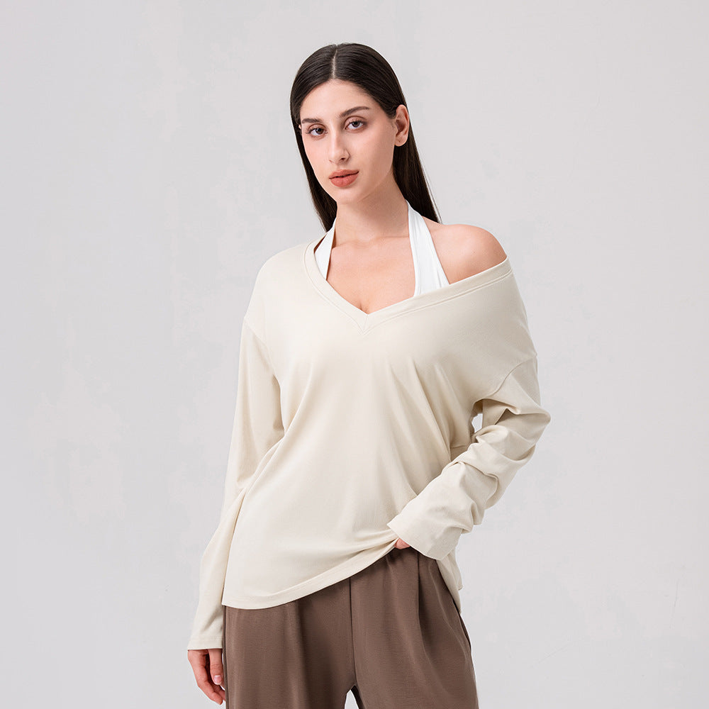 Yoga Clothes V neck Long Sleeve Loose Casual Sports Top Lyocell Soft Nuo Skin Friendly Fitness Running T shirt
