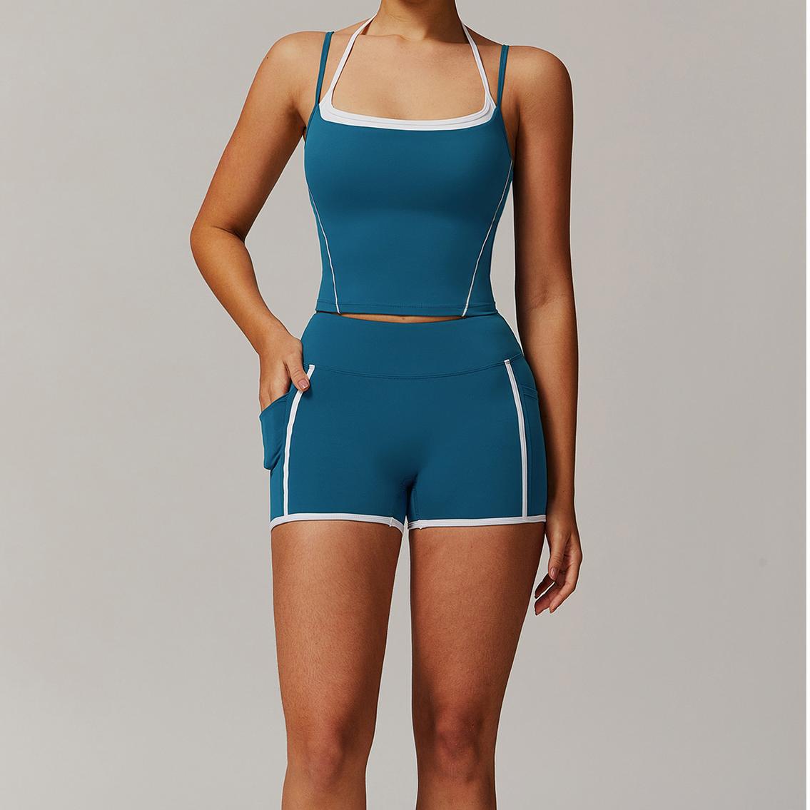 Sollinarry Faux Two Piece Halter Beauty Back Yoga Fold High Waist Casual All-Match Workout Exercise Outfit