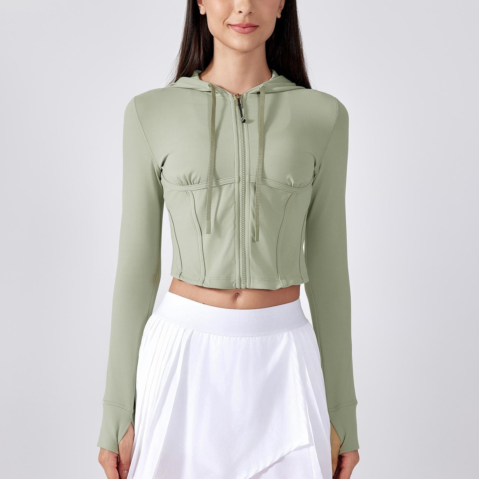 Outdoor Sports Workout Clothes Women Short Slim Fit Thin Yoga Wear Jacket Hooded Drawstring Coat