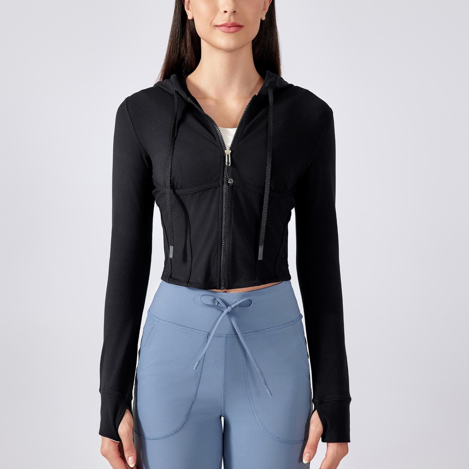 Outdoor Sports Workout Clothes Women Short Slim Fit Thin Yoga Wear Jacket Hooded Drawstring Coat