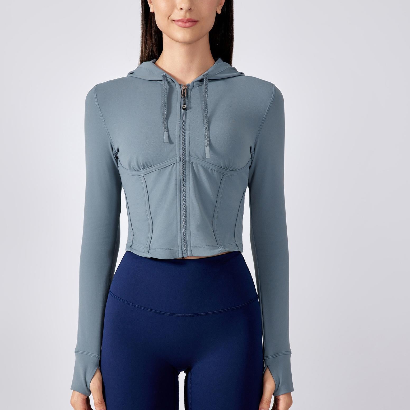 Outdoor Sports Workout Clothes Women Short Slim Fit Thin Yoga Wear Jacket Hooded Drawstring Coat