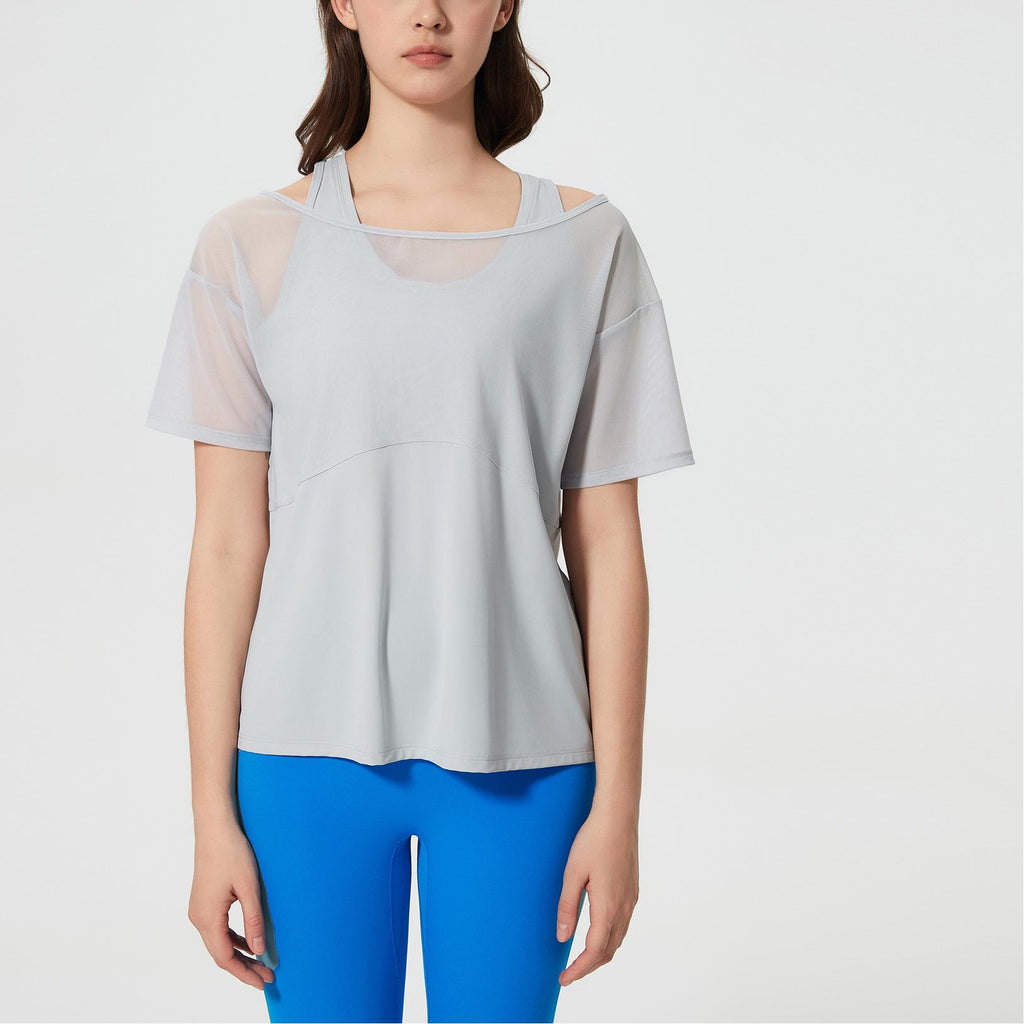 Yoga Clothes Women Loose Sports Short Sleeved T shirt Running Smock Faux Two Piece Quick Drying Breathable Workout Top