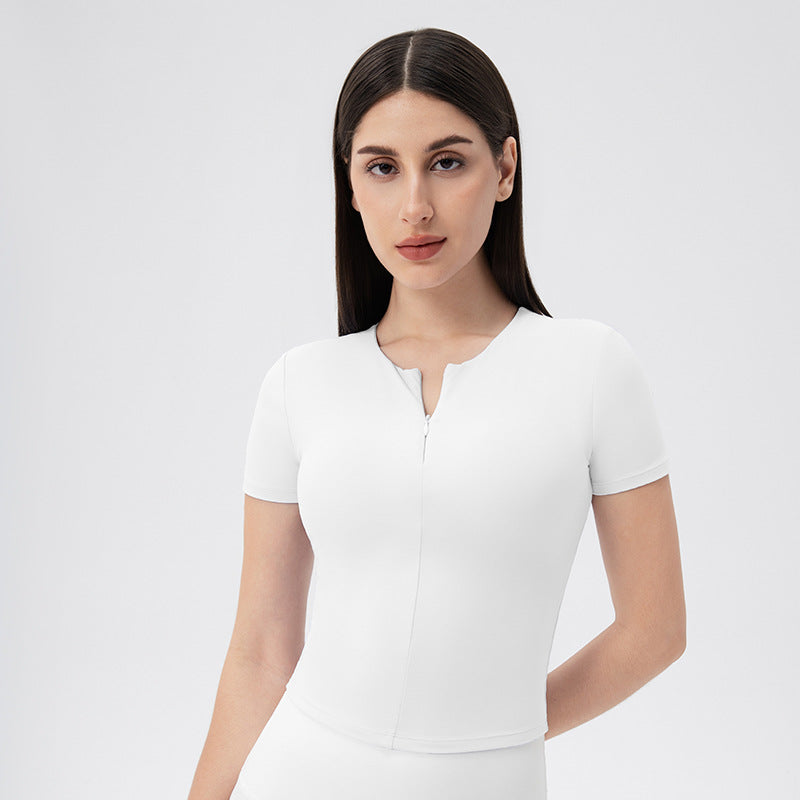 Ropa de yoga para mujer, camiseta de manga corta con cremallera frontal, ajustada, adelgazante, con almohadilla para el pecho, para entrenamiento, tacto color piel, muy elástica, para hacer ejercicio y correr.
