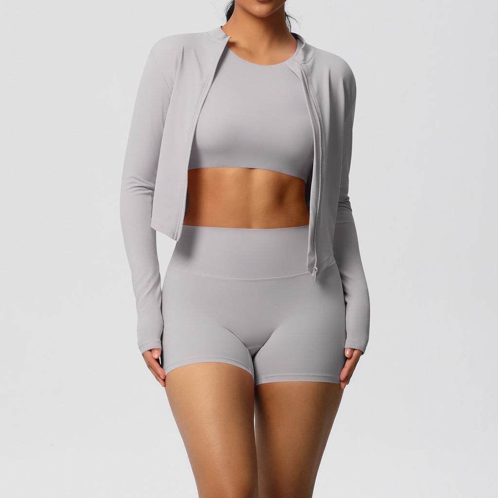 Sports Short Sleeved Casual Yoga Clothes Nude Feel Zipper Jacket Sports Shorts Fitness Clothes Three Piece Set